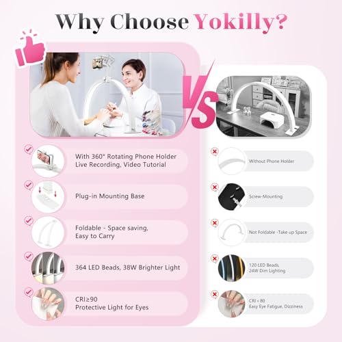 Yokilly Half Moon Light for Nail Desk: 29" Foldable Nail Light for Desk | Arch Nail Tech Light with Phone Holder for Beginner - 3 Color Modes & 10 Brightness for Manicure Salon-White - color: White, size: 29 inch