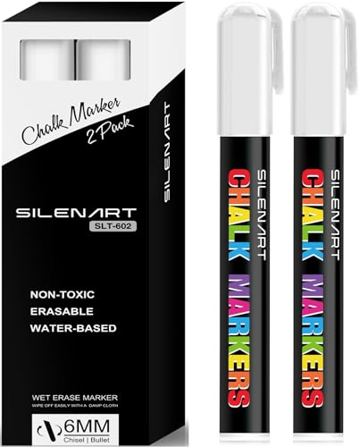 SILENART White Liquid Chalk Markers - Chalk Markers White - Dry Erase Markers Pen - for Chalkboard Signs, Windows, Blackboard, Glass - color: White, style: 3mm Tip - 2 Pack