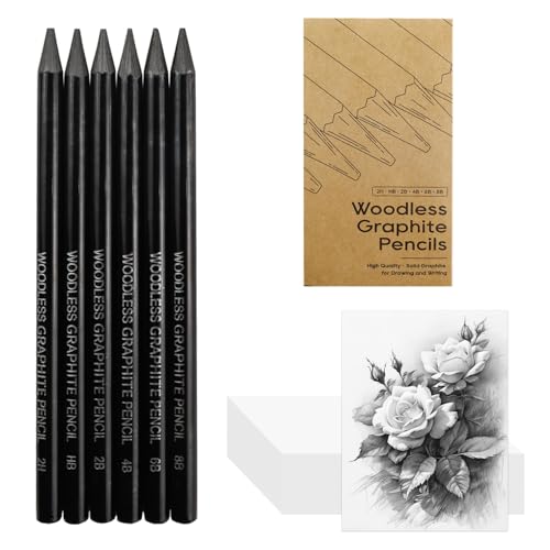 LIVHOLIC Woodless Graphite Drawing Pencils Set,6 Black Lead Pre-Sharpened 2H HB, 2B, 4B, 6B 8B Degrees Coloring Pencils, 50PK Blank Watercolor Card for Sketching,Writing,Shading