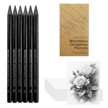 LIVHOLIC Woodless Graphite Drawing Pencils Set,6 Black Lead Pre-Sharpened 2H HB, 2B, 4B, 6B 8B Degrees Coloring Pencils, 50PK Blank Watercolor Card for Sketching,Writing,Shading