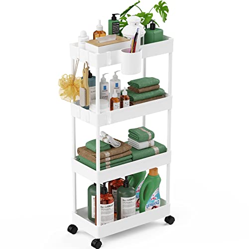 LEHOM Slim Rolling Storage Cart - 4 Tiers Bathroom Organizer Utility Cart | Slide Out Storage Shelves Mobile Shelving Unit for Kitchen, Bedroom, Office, Laundry Room, Small Narrow Spaces (7.1" W+White) - color: Pear White, size: 7.1"W x 15"D x 36"H