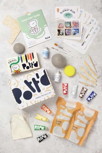 Pott'd Pottery Kit, Air Dry Clay Kit for Adults & Beginners | At Home Pottery Making Kit with Air Dry Clay, Tools, Paints, Brushes, Sealant and Step-by-Step Guide - style: Regular Paints