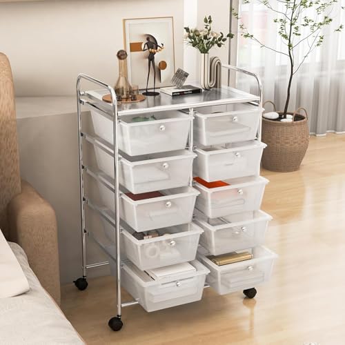 10 Drawer Rolling Cart, Storage Cart Organizer on Wheels, Drawer Cart with Metal Frame & Large Storage Capacity, Rolling Cart with Drawers for Living Room Classroom, Office - color: Clear, size: 10 Drawer