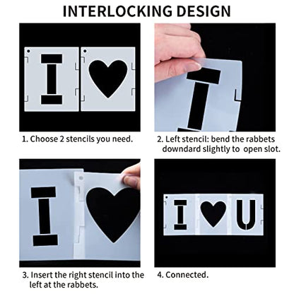 3 Inch Letter Stencils Symbol Numbers Stencil, 68 Pcs Reusable Alphabet Art Craft Templates Interlocking Stencils Kit for Painting on Wood, Wall, Glass, Fabric, Rock, Canvas, Chalkboard, Sign（3Inch） - size: 3 inch
