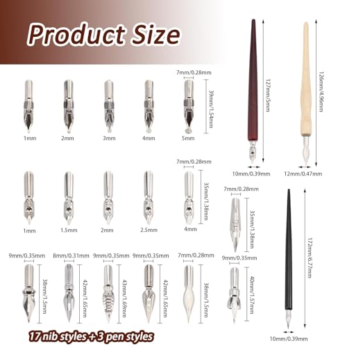 beinkmake 20Pcs Comic Pen Nib Set 17 Styles Stainless Steel Dip Pen Nib Replacement 3 Colors Wooden Pen Holder for Writing Drawing Signing