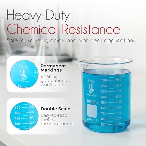 Karter Scientific, 3.3 Boro, Griffin Low Form, Glass Beaker Set - 6 Sizes - 10ml, 50ml, 100ml, 250ml, 500ml, 1000ml - size: 6-Piece Set, style: Pack of 6