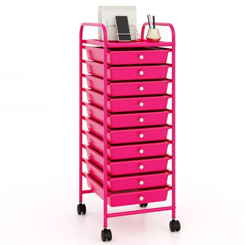 RELAX4LIFE 10 Drawer Rolling Cart - Slim Storage Cart w/Lockable Wheels for Classroom School Teacher Office, Art Supplies Paper Scrapbook Craft Organizers, Utility Cart with Drawers (Pink) - color: Pink, size: 34''H