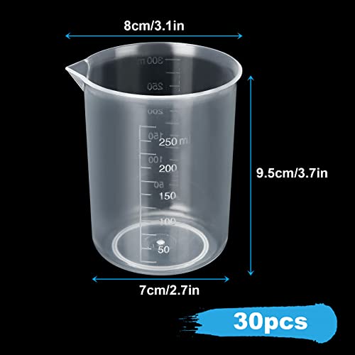 30 Pack 250 ML Plastic Graduated Beakers with Pour Spout | Embossed Scale, Clear Body, and Dripless Spout for Epoxy Resin, Paint, Science Lab, Kitchen Mixing, and Measuring - size: 250ML