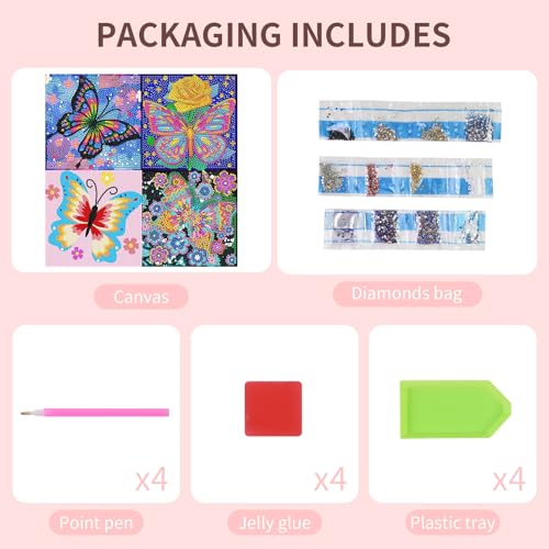 FlyingMage 5D Diamond Art Painting Kits for Adults, 4 Pack Cute Animal Full Drill Diamond Dots Paintings, DIY Diamond Crafts and Art Mosaic Kits, Kawaii Gem Paint with Diamonds Pictures, Butterfly - color: Multicolor Butterfly