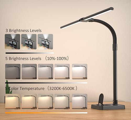 Double Head LED Desk Lamp, Architect Desk Lamps for Home Office, 24W Brightest Workbench Office Lighting-5 Color Modes and 5 Dimmable Eye Protection Modern Desk Lamp (Black-Desktop, Big) - color: Black-Desktop
