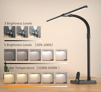 Double Head LED Desk Lamp, Architect Desk Lamps for Home Office, 24W Brightest Workbench Office Lighting-5 Color Modes and 5 Dimmable Eye Protection Modern Desk Lamp (Black-Desktop, Big) - color: Black-Desktop