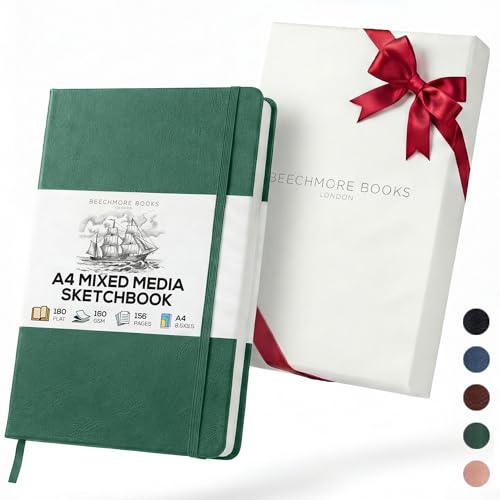 Beechmore Books A4 8.5x11 Mixed Media Sketchbook 160 GSM/98LB with Gift Box - color: Dartmouth Green, size: A4 - 8.5" x 11.5" Large