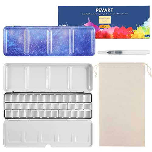 PEVART Empty Watercolor Paint Palette, Metal Box Mixing Palette Case with 37 Water Color Half Pans and Fold-Out Palette Tin Paint Tray Travel Watercolor Set, Acrylic, Gouache, Oil Painting - color: Purple, size: 37 Half Pans