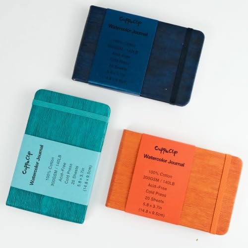 CuppaClip Leather Watercolor Journal, 300gsm/140lb 100% Cotton Cold Press Paper, 20 Sheets Acid-Free Travel Sketchbook–Professional Art Notebook for Painting, Drawing, Travel (Blue, 5.8x3.7in) - color: Blue, size: 5.8x3.7in