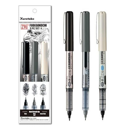 Kuretake Zig Inktober pen set, for Illustration, Manga Drawing, Lettering and Calligraphy, Professional Artist, Made in Japan (FUDEGOKOCHI(3pcs.)) - style: FUDEGOKOCHI(3pcs.)