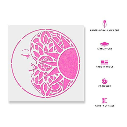 Mandala Sun and Moon Stencil - Sun & Moon Mandala Templates, Boho Stencils - size: 6"x6"