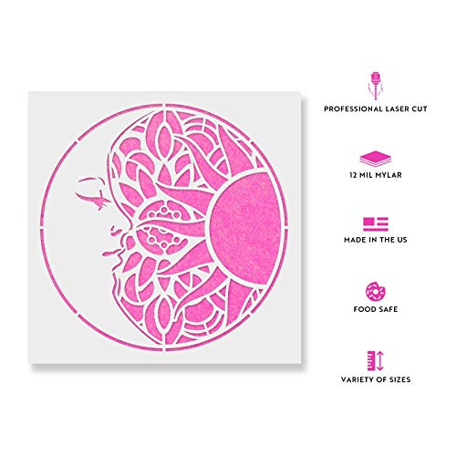 Mandala Sun and Moon Stencil - Sun & Moon Mandala Templates, Boho Stencils - size: 8"x8"