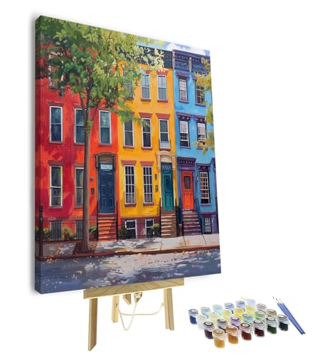 Paint by Numbers Kit for Adults, Adult Paint by Number Kits - Vibrant Row of Colorful Townhouses on a Quaint Street Scene Canvas Art, Perfect for Beginners & Home Wall Decor, 16x20 Inch(Framed) - color: Townhouses(Framed)