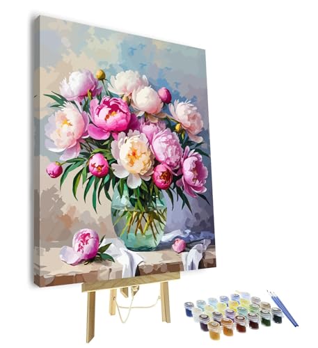 Paint by Numbers Kit for Adults & Adult Paint by Number - Blooming Pink Peonies Botanical Canvas Art, Beginner Floral DIY Painting, Relaxing Arts and Crafts Kit(16x20 Inch, Framed) - color: Peonies(Framed)