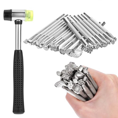 21 PCS Leather Stamping Tools, Leather Stamping Kit with Rubber Hammer, 20 Different Special Shape Stamp Set Carving Tools Stamps for Working