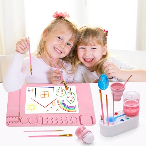 Painting Station Paint Brush Cleaner 20"X16" Silicone Paintings Mat with Cup and Paint Holder 10 Paintings Brushes Children's Painting Set Art Supplies for Kids Back to School Gifts DIY Crafts (Pink) - color: Pink