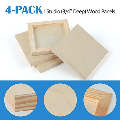 4 Pack 6x6’’ Unfinished Birch Wood Panels Kit for Painting | Studio 3/4’’ Deep Wooden Canvas, Cradle Boards for Acrylic Pouring, Art, Crafts, Epoxy Resin, Laser Engraving Cutting - size: 6'' x 6'' Studio