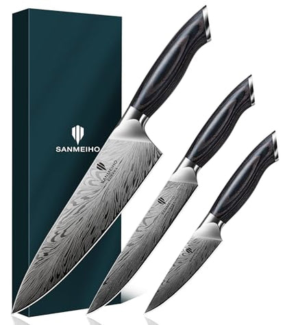 3PCS Kitchen Knife Set,Chef Knife Sets in Powder Steel | Ultra Sharp Japanese Knives Set High Carbon Steel Knives Sets, Cooking Knives Set with Ergonomic Pakkawood Handle - size: 3PCS Knife Set
