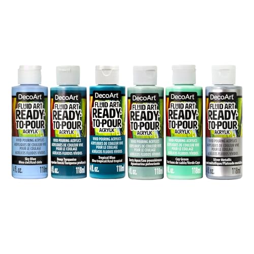DecoArt Fluid Art Ready-to-Pour Paint Set – Silver Seas Colors, Set of 6 (4 fl oz Bottles) – Acrylic Pouring Paints for Canvas, Wood & DIY Craft Projects - color: Multi - Silver Seas