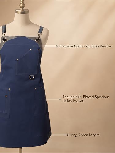 Professional Work Apron for Men & Women – 100% Cotton with waterproof Membrane, Cross Back Straps - color: Work Navy