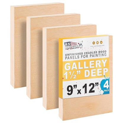 U.S. Art Supply 9" x 12" Unfinished Cradled Wood Panels for Painting, Gallery 1-1/2" Deep (4 Pack) - Artist Depth Birch Wooden Wall Canvases - Mixed-Media Craft, Acrylic, Oil, Encaustic, Paint Pouring - style: 9 Inch x 12 Inch