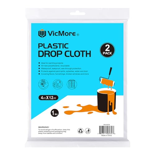 VICMORE Clear Plastic Drop Cloths 4 x 12 Ft, 1 Mil, 2 Pack