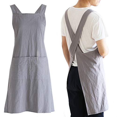 NEWGEM Japanese Cotton Linen Cross Back Cooking Apron for Women Men with Pockets Cute for Baking Kitchen - color: 15 - Men's Dark Gray