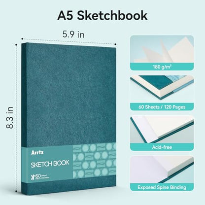 Arrtx A5 Premium Sketch Book, 120 Pages, 180 GSM | Hardcover, Thick Acid-Free Drawing Paper. Ideal for Artists, Students, and Professionals. - color: Blue