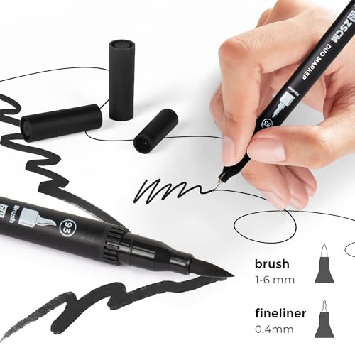 Black Duo Tip Marker Pens, 12 Fine & Brush Tip Pen For Adult Coloring Books - color: 12 Black