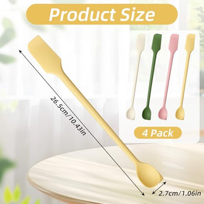 4 Pcs Long Dual-End Silicone Spatula, Small Spatula & Stirring Spoons for Jam Jars & Makeup, Thin Curved End for Scraping, Slim Spoon End for Scooping and Mixing (10.43 Inch)