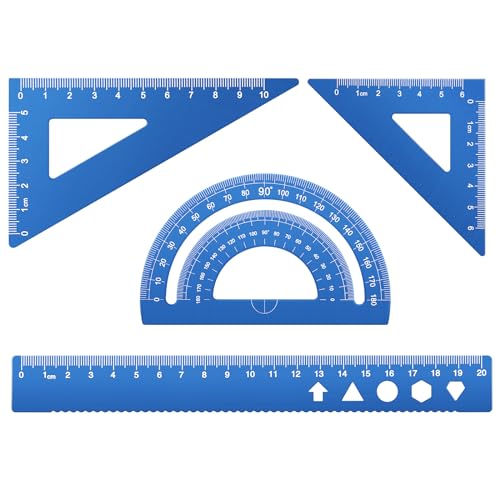 MSDADA Triangle Ruler, Protractor, 4 PC Metal Drafting Ruler Kit, Geometric Protractor for Student, School, Home, Office, the First Day of School Gift for Students, Teachers (Blue,20cm/7.87inch) - color: Blue, size: 20cm