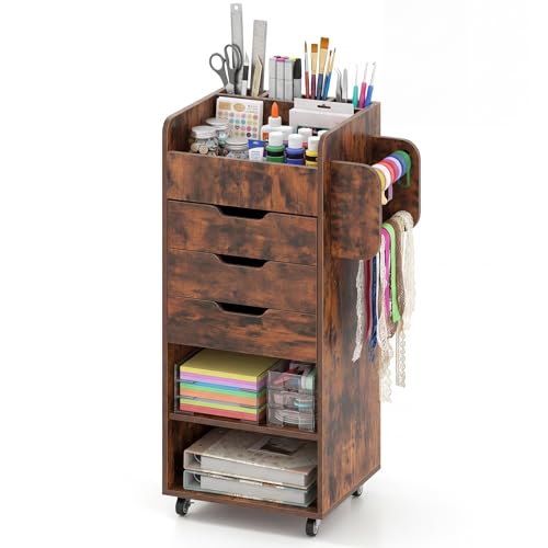Giantex Craft Storage Cart - Utility Organizer Cart with 3 Drawers, 3 Shelves, 3 Slotted Compartments, 2 Rolling Rods, Crafting Sewing Cabinet on Wheels for Wrapping Paper Scrapbook Ribbon - color: Rustic Brown