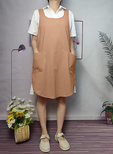 Cotton Cross Back Aprons Solid Color Cooking Kitchen Garden Smock for Women Girls with Pockets - color: Brown