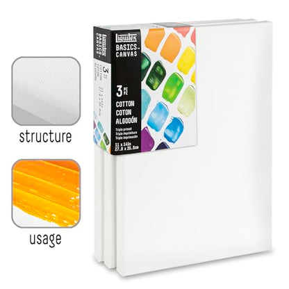 Liquitex BASICS Canvas, 3 Pack, 11" x 14" | Archival, Acid-Free, Non-Toxic, Medium Texture Cotton, Pre-primed with a triple layer of acrylic gesso, Stapled & Stretched - style: 11" x 14"