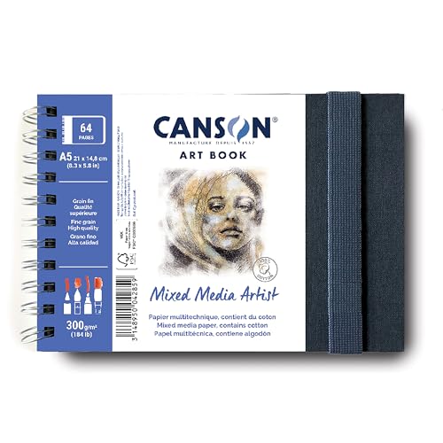 Canson Mixed Media Art Book, 8.3x5.8 inches, 56 Sheets, Blue Cloth Hardcover, Side Wire - Professional Artist Notebook for Painting, Sketching, Drawing - size: 8.3x5.8 inches