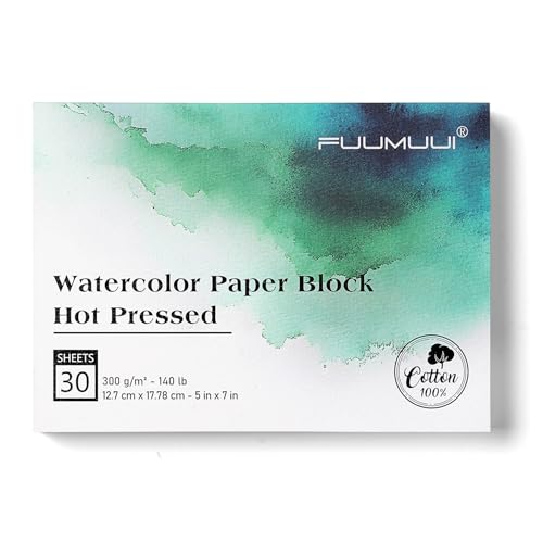 Fuumuui Watercolor Paper Block 5x7 Inch, Smooth Surface 100% Cotton Watercolor Paper, 30 Sheets, 140lb/300gsm, Hot Press, Acid-Free, Art Paper for Painting & Drawing, Wet, Mixed Media - color: Hot Press, size: 5”×7“
