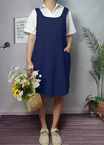 Cotton Cross Back Aprons Solid Color Cooking Kitchen Garden Smock for Women Girls with Pockets - color: Navy Blue