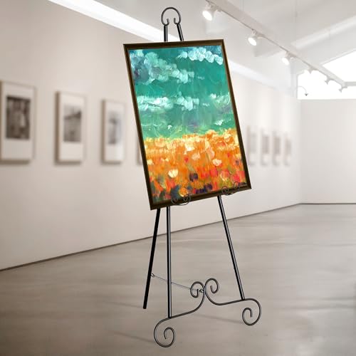 2 Pack 46'' Metal Round Tube Scroll Display Easel, Classic Black Decorative Large Adjustable Floor Standing Easel with Chain Support, Perfect for Showcasing Pictures, Artwork, Wedding Sign Etc