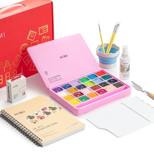 HIMI Deluxe 24 Colors Jelly Gouache Paint Gift Set – Complete Art Kit with Pad, Spray, Palette, Brushes, Painting Knife, Foldable Bucket & Refills for Beginners, Students & Artists - color: 24 Colors