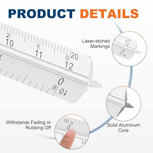 HARFINGTON 2 Pcs Architectural Scale Ruler, 7 Inch Standard Aluminum Alloy Architect Triangular Large Scale Laser-Etched Blueprint Drafting Ruler for Architects Engineers, Silver - color: Silver, size: 7 Inch