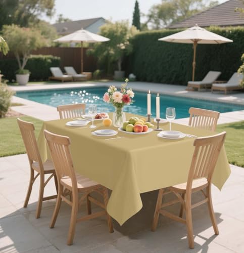 HEIPINIUYE 2 Pack Gold Tablecloth Disposable 54 x 108 Inch Gold Plastic Table Cloth Disposable Waterproof Rectangle Table Cover for Party Birthday Camping Picnic Tablecloths - color: Gold Rectangle Tablecloth, size: 2 Pack