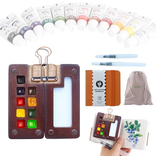 Mini watercolor set Mini watercolor travel set Mini Watercolor Paint Set Travel Watercolour Sets Pocket Artist Watercolour Travel2 Sets Pocket Watercolour Kit Portable Paint Palette（9 Grids，Sunshine orange)