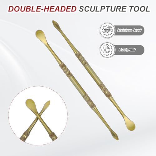 HARFINGTON 11pcs Wax Carving Tool 4.75" Double-Headed Stainless Steel Sculpture Tools Kit Modeling Engraving Sculpting Spoons for Clay Pottery Crafts Shaping, Green Gold - color: Green Gold