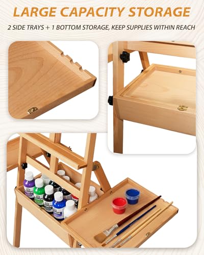 Painting Art Easel with Storage, 57"-72" Height Adjustable Easel Stand | Foldable beech wood easel with drawer trays,H-frame artist easel stand for painting,Wooden floor easel holds canvas up to 36" - color: Natural Wood