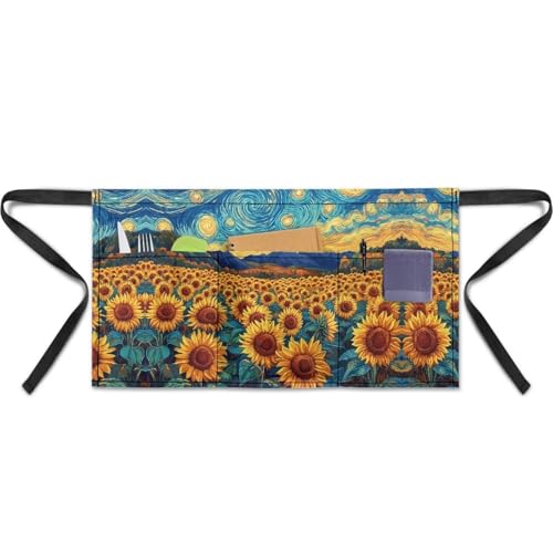 Waist Apron with 3 Pockets Waterproof 13 Inch Short Half Waist Aprons Women Men Server Aprons Waitress Waiter Apron - color: Starry Sunflower